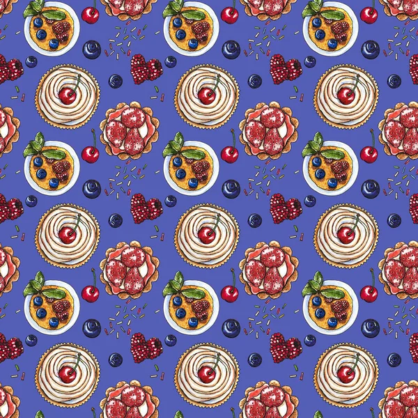 甘いデザート ケーキ 新鮮な果実 シームレスなパターン 手描き水彩 ブルー クリームのブリュレ — ストック写真