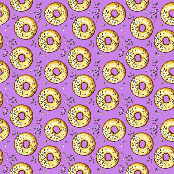 Sweet Donut Med Socker Sömlösa Mönster Hand Dras Akvarell Lila — Stockfoto