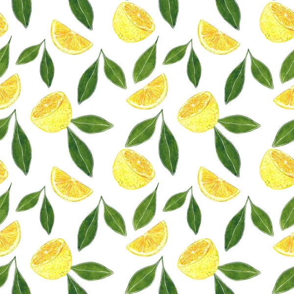 Citrus seamless pattern made of lemon and leaves, hand drawn botanical illustration isolated on white.