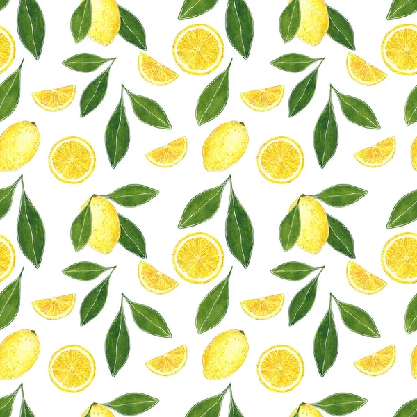 Citrus seamless pattern made of lemon and leaves, hand drawn botanical illustration isolated on white.