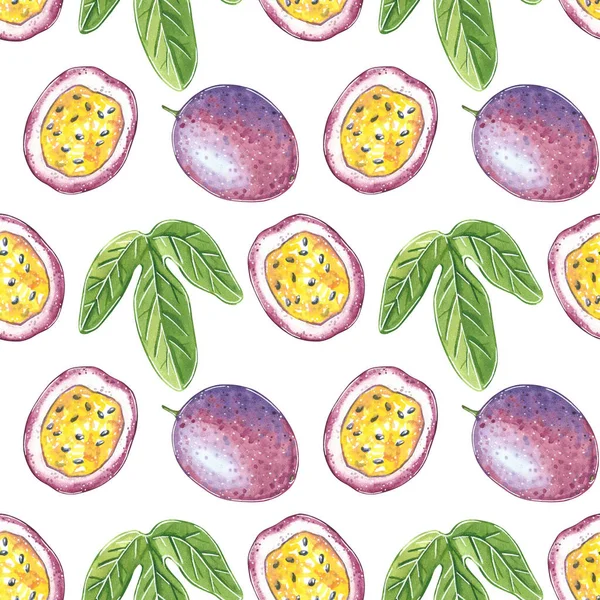 Passion fruit seamless pattern, hand drawn botanical illustration isolated on white.