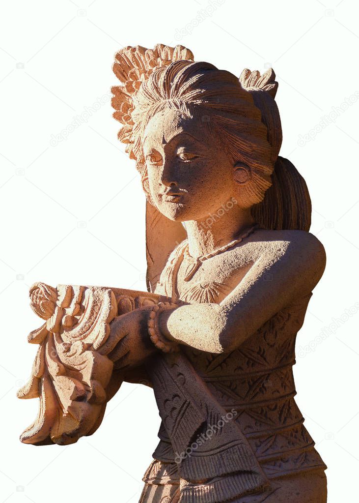Traditional Balinese sandstone woman statue, welcome offering in her hands. Iconic Bali. Isolated on white background. 
