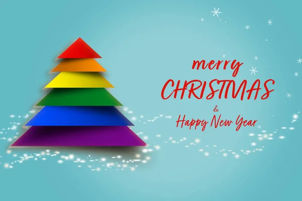 LGBTQ bayrağının gökkuşağı renklerinde yapılmış yaratıcı Noel ağacı. Yeni yıl için en az tebrik kartı. Düz yatıyordu.