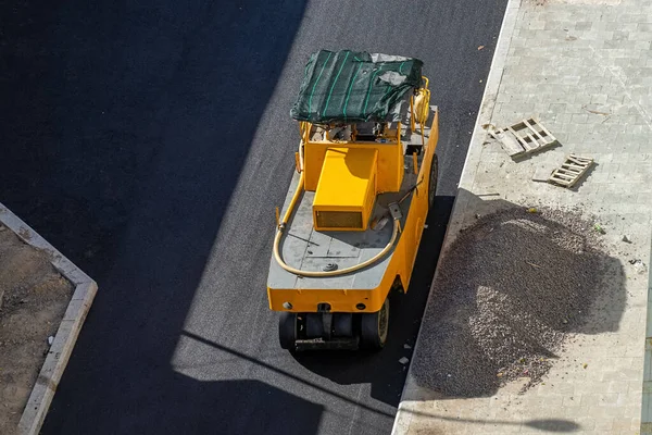 Pnömatik Lastik Silindiri Nşaat Yol Makineleri Çalışıyor Üst Görünüm — Stok fotoğraf