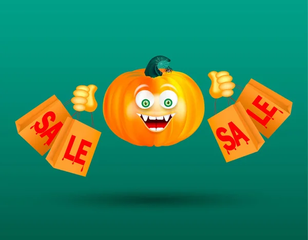 Bonito pampkin laranja sorridente com decoração assustadora de aranha na teia de aranha segurando sacos de compras com sangrenta venda de texto vermelho no fundo verde escuro. Compras de Halloween . — Vetor de Stock