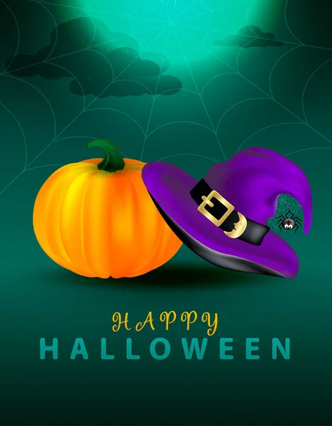 Purple witch hat with scary decor of black funny spider on cobweb and orange pumpkin on dark night green background with full moon. Happy Halloween poster or card