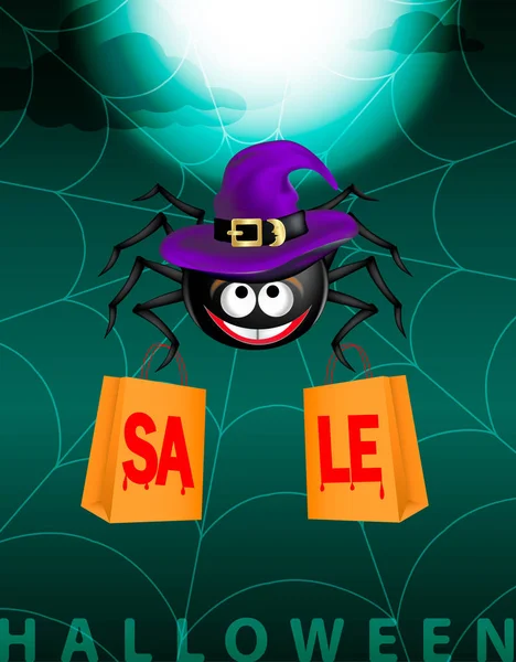 Big Black cute happy smiling spider wearing purple witch hat hanging on cobweb with two shopping bags with bloody red text sale on dark green background with moon. Halloween scary funny poster