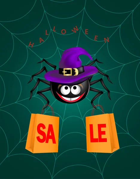 Big Black carino felice ragno sorridente indossa cappello viola strega appeso sulla ragnatela con due borse della spesa con testo in vendita su sfondo verde scuro. Halloween spaventoso oggetto divertente — Vettoriale Stock