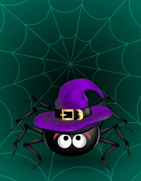 Büyük siyah sevimli örümcek örümcek ağı koyu yeşil zemin üzerine asılı menekşe cadı şapkalı. Halloween korkunç komik nesne — Stok Vektör