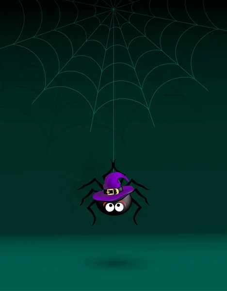 Μαύρη αράχνη σε βιολετί μάγισσα καπέλο κρέμονται ιστός αράχνης σε σκούρο πράσινο φόντο. Απόκριες τρομακτικό αστεία φόντο — Διανυσματικό Αρχείο