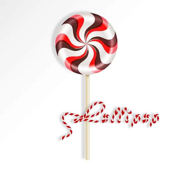 Lollipop marrón rojo rayado redondo brillante. Dulces de baya y chocolate en un palo. Ilustración vectorial realista aislada sobre fondo blanco . — Vector de stock