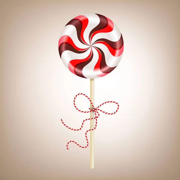 Lollipop marrón rojo rayado redondo brillante con cordón decorativo. Dulces de baya y chocolate en un palo. Ilustración realista de vectores 3D sobre fondo claro . — Vector de stock