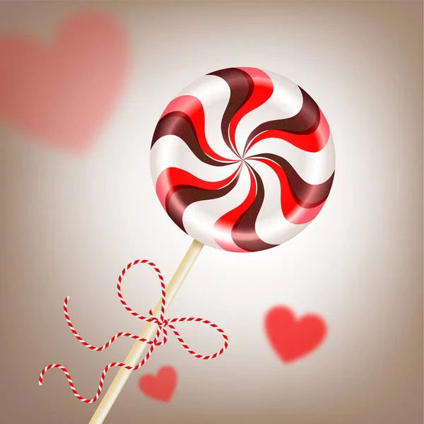 Lollipop Marrón Rojo Rayado Redondo Brillante Con Cordón Decorativo Corazones — Vector de stock