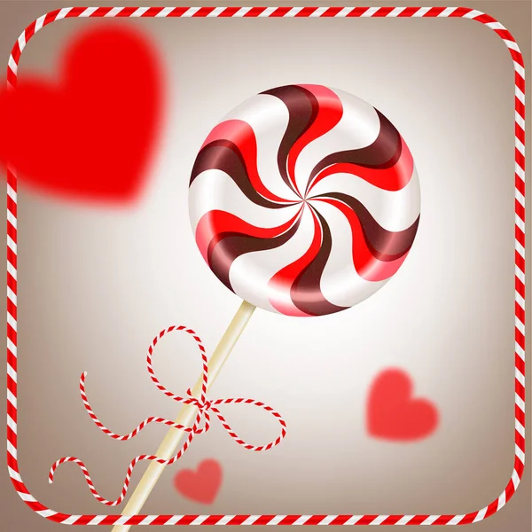Bright round striped red brown lollipop with decorative cord. and blurred hearts in frame. Berry and chocolate candy on a stick. Realistic 3D Vector illustration on light background. — Stock Vector