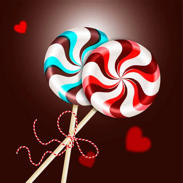 Two round striped red blue brown lollipops with decorative cord. and blurred hearts. Berry and chocolate candy on a stick. Realistic 3D Vector illustration background. — Stock Vector