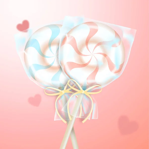 Dos piruletas redondas a rayas de color rosa pastel y azul con cinta decorativa y corazones borrosos. Un par de caramelos en palos. Realista 3D Vector ilustración fondo romántico . — Vector de stock