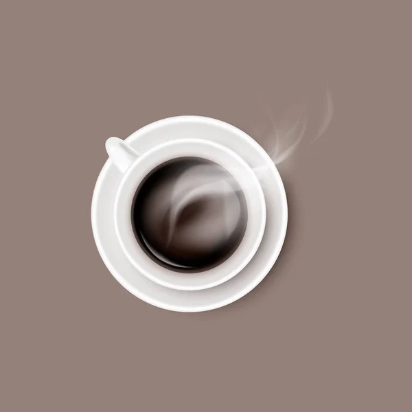 Una bebida caliente de café humeante en taza de cerámica blanca o taza en platillo redondo. Objeto realista vectorial sobre fondo de color crema — Vector de stock