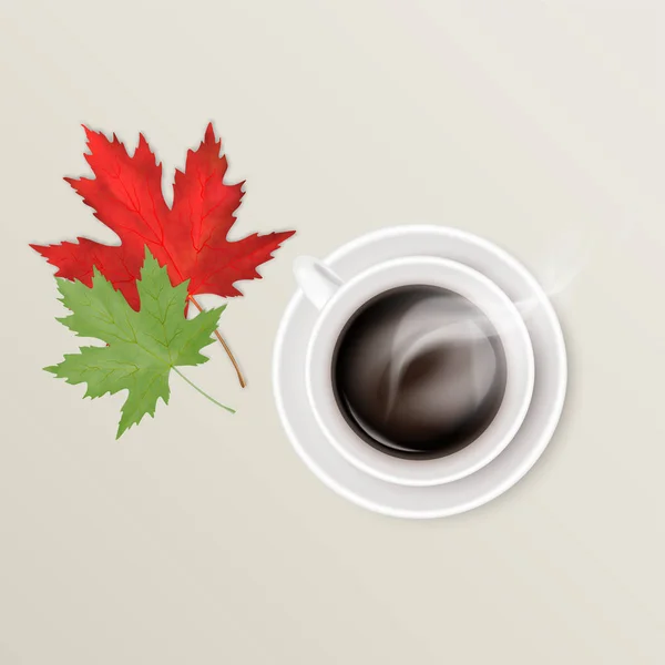Forró, gőzölgő kávét fehér kerámia pohár vagy bögre kerek csészealj, és világos vörös és zöld maple leaf. Ősz-hátterét. Reális vektor-illusztráció — Stock Vector