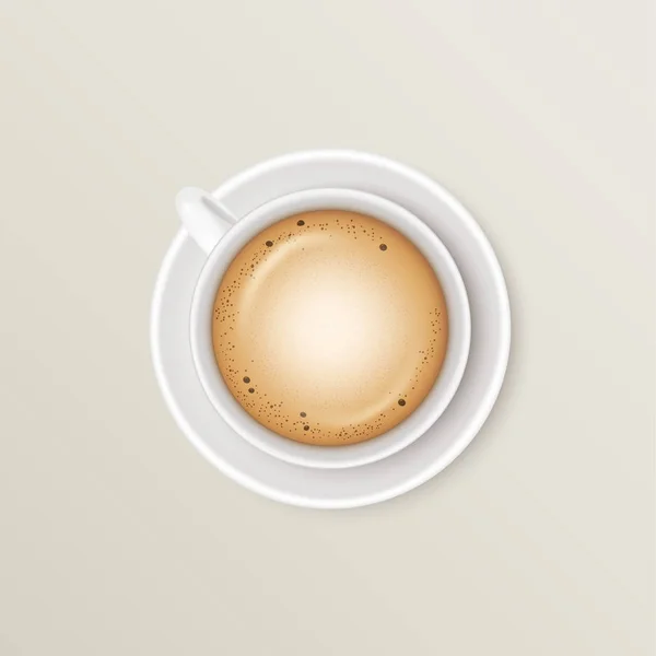 Напій капучино в білій керамічній чашці на круглій тарілці на світлому фоні. Реалістична векторна ілюстрація — стоковий вектор