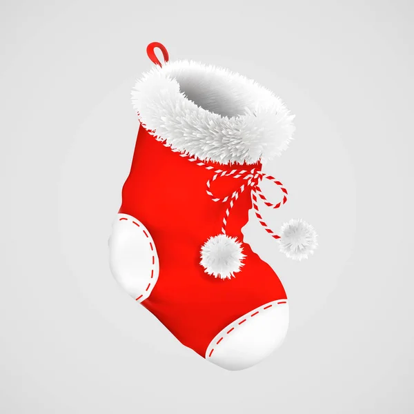 Leere weihnachtliche rote Socken mit flauschigem Fell und Eimern liegen für Geschenke bereit. Vektor realistische Illumination. — Stockvektor