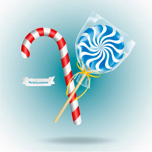 Lollipop e Candy Cane em fundo blye. Ilustração vetorial realista —  Vetores de Stock