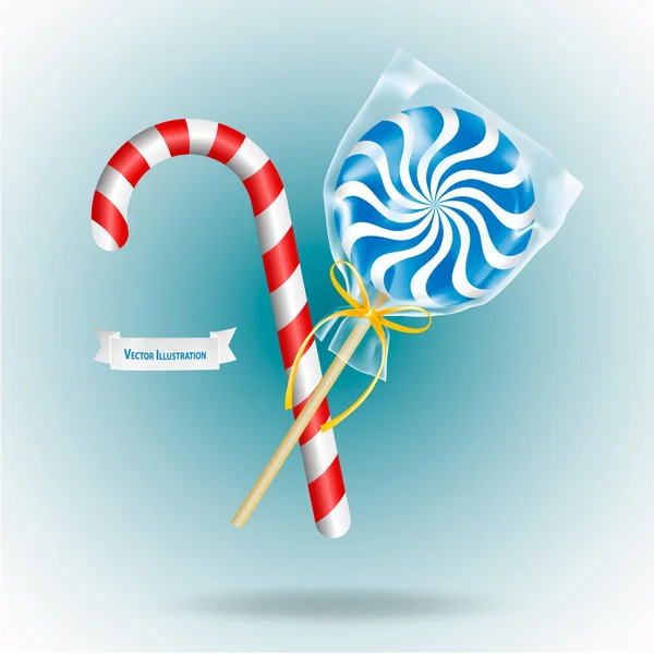 Piruleta y Candy Cane sobre fondo blanquecino. Ilustración vectorial realista — Vector de stock