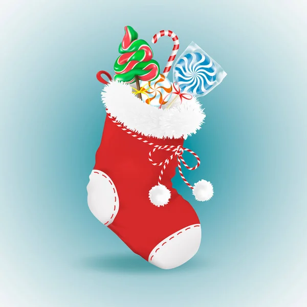Weihnachtliche Rote Socke Mit Flauschigem Fell Und Bommeln Gefüllt Mit — Stockvektor