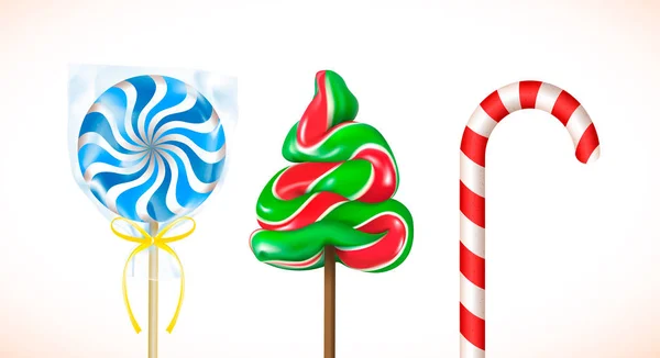 Conjunto Dulces Navideños Lollipop Abeto Caramelos Caña Sobre Fondo Blanco — Vector de stock