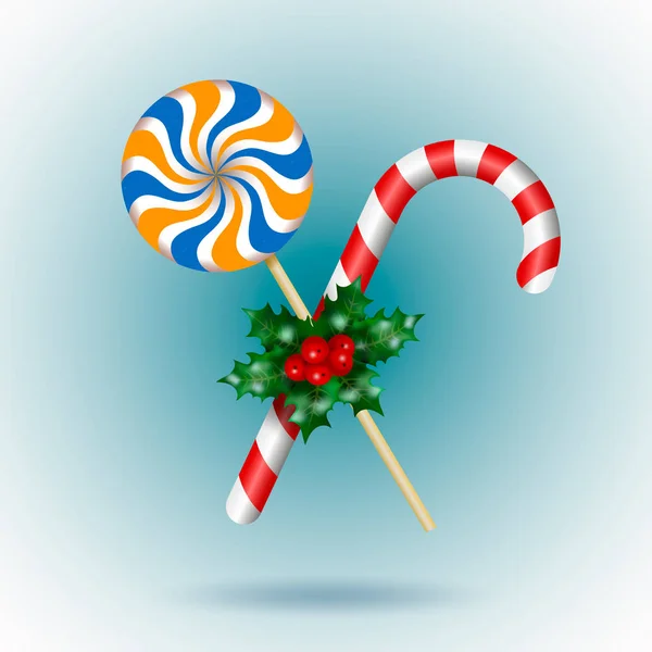 Decoración Tradicional Navidad Candy Cane Lollipop Rama Acebo Muérdago Sobre — Vector de stock