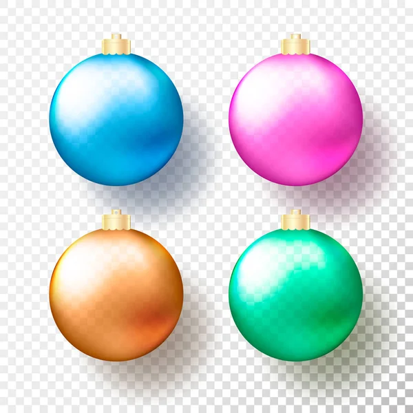 Conjunto de quatro Baubles realistas de Natal ou Ano Novo transparentes, esferas ou bolas em cores diferentes com bonés dourados e sombra. Ilustração vetorial eps10 — Vetor de Stock