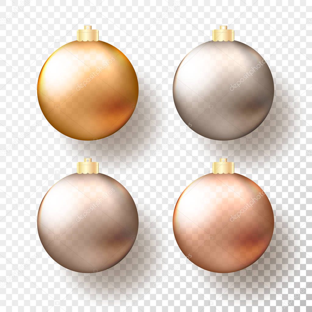 Four realistic Christmas or New Year transparent Baubles, spheres or balls in different shades of metallic gold and silver color with golden caps and shadow. Vector illustration eps10