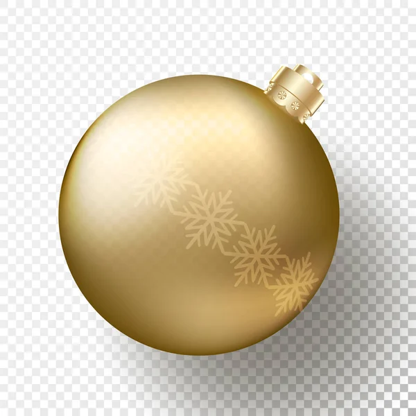 Una Navidad realista o Año Nuevo transparente Bauble, esferas o bolas en color dorado metálico con patrón de copos de nieve, gorra decorativa dorada y sombra. Ilustración vectorial eps10 — Vector de stock