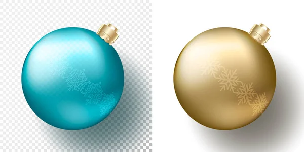 Conjunto de dois isolados Natal realista ou Ano Novo Baubles transparentes, esferas ou bolas em cor dourada metálica com padrão de flocos de neve, bonés decorativos de ouro e sombra. Ilustração vetorial eps10 —  Vetores de Stock