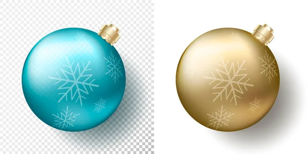Set aus zwei isolierten realistischen Weihnachtskugeln, Kugeln oder Kugeln in metallisch goldener und blauer Farbe mit Schneeflocken-Muster, goldenen Zierkappen und Schatten. Vektorabbildung eps10 — Stockvektor