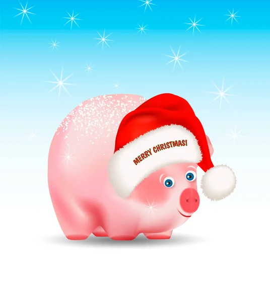 Cartoon hartje een Chinees Nieuwjaar symbool op blauwe achtergrond met sterren of sneeuwvlokken. Kerstman hoed met groet Merry Christmas... Vectorillustratie — Stockvector