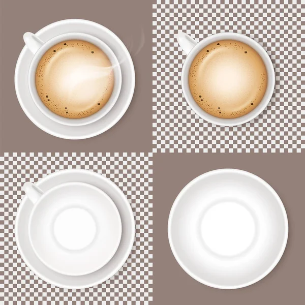 一套咖啡饮料卡布奇诺 白色陶瓷杯或杯子和空圆碟查出的透明和光或 Craem 逼真的矢量图 — 图库矢量图片