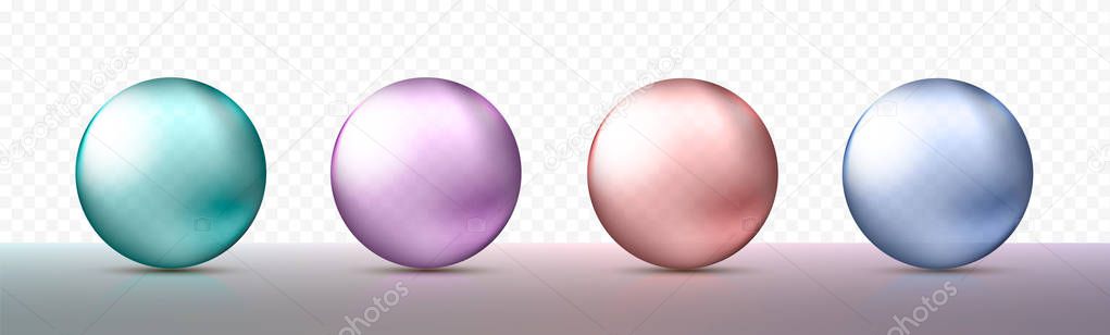 Four realistic transparent spheres or balls in different shades of metallic blue, purple and green colors. Objects for design. Vector illustration eps10.