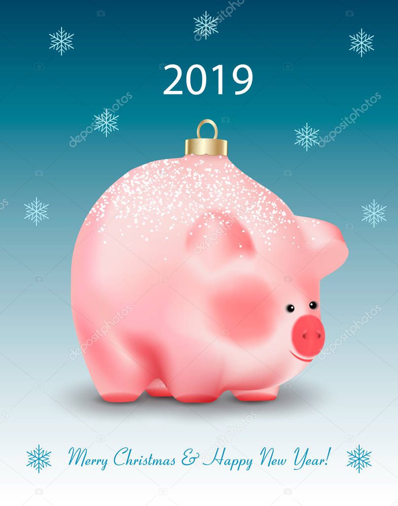 Winter holiday card with greetings. Christmas Bauble ot toy a cute pig a chinese new year symbol on blue background with showflakes and snow. Realistic vector illustration.