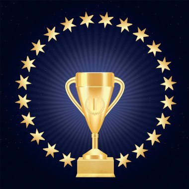 Altın gerçekçi kupa kupa veya kadehi bir numara, defne çelengi ve beyaz arka plan üzerinde izole dokulu yaldızlı stand bir daire içinde altın yıldız. Vektör çizim.