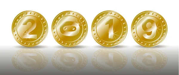 Shadaow とミラーの反射で新年 2019 の番号を持つ象徴的な輝く金貨の行 鼻やコインで豚の鼻のシンボルです 現実的なベクトル図 — ストックベクタ