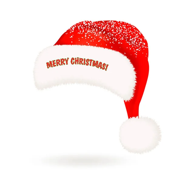 Tek gerçekçi kırmızı Santa Claus şapka kabarık kürk ponpon, kar ve beyaz arka plan üzerinde izole mutlu Noeller tebrik. Vektör çizim.