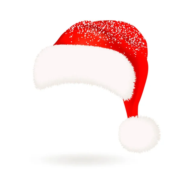Tek gerçekçi kırmızı Santa Claus şapka ile izole kabarık kürk ponpon ve kar beyaz arka plan üzerinde. Vektör çizim.