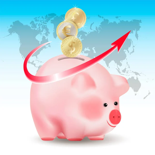 世界通貨ドル ユーロ ポンド スターリング黄金のコイン金豚銀行に陥る 世界地図と赤矢印の付いた青い背景に現実的なベクトルの概念図 — ストックベクタ