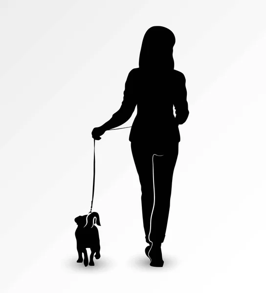 Jack Russell Terrier ile bir köpek tasma yürüyen genç bir kadın silueti. Vektör çizim.