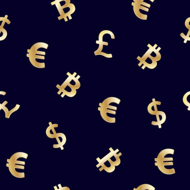 Dünya para birimleri doları, Euro, Pound sterling ile cryptocurrency Bitcoin altın simgeleri koyu mavi zemin üzerine ile Seamless modeli. Vektör çizim.