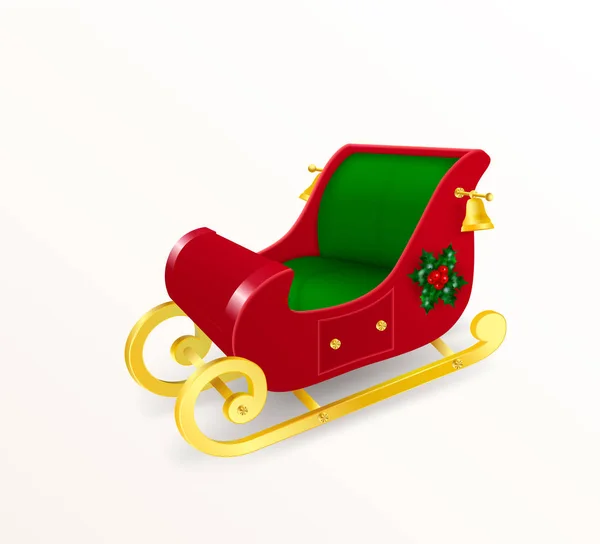 Christmas sleigh of Santa Claus with gold skids decorated with holly and bells. Realistic Vector Illustration in traditional red and green colors. — Stock Vector
