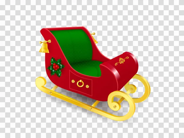Noel Noel Baba kızağa altın kızak ile holly yaprakları ve meyveleri, süsleme ve altın çan ile dekore edilmiştir. Geleneksel renkler üzerinde şeffaf arka plan izole gerçekçi vektör çizim