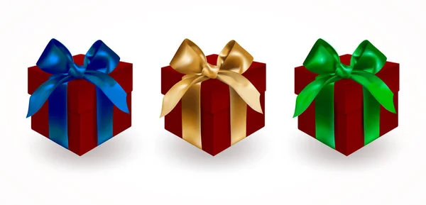 Set Tres Cajas Regalo Cerradas Vendadas Con Arcos Elegantes Azules — Archivo Imágenes Vectoriales