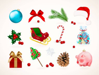 Kış tatil simgeler. Noel Noel Baba kızağa ayarla, biblo, yay, goft kutusu, domuz oyuncak, çam dalı, koni, ökse otu, holly, kırmızı meyveler, şeker kamışı gerçekçi vektör çizim şekerler