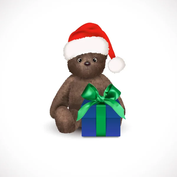 Zittend Pluizig Schattig Bruin Teddybeer Met Rode Kerst Kerstman Hoed — Stockvector